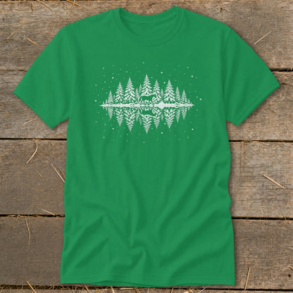 Green t-shirt with white graphic of pine trees reflecting in water with a deer.