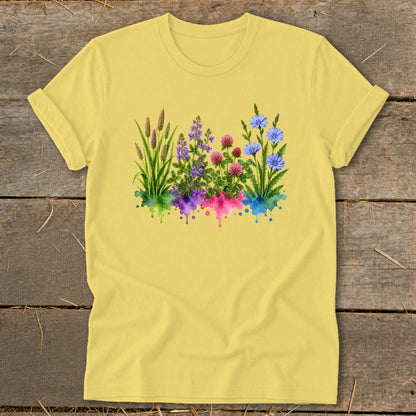 A yellow short-sleeve t-shirt features a central graphic of colorful botanical wildflowers sprouting from watercolor paint splatters.