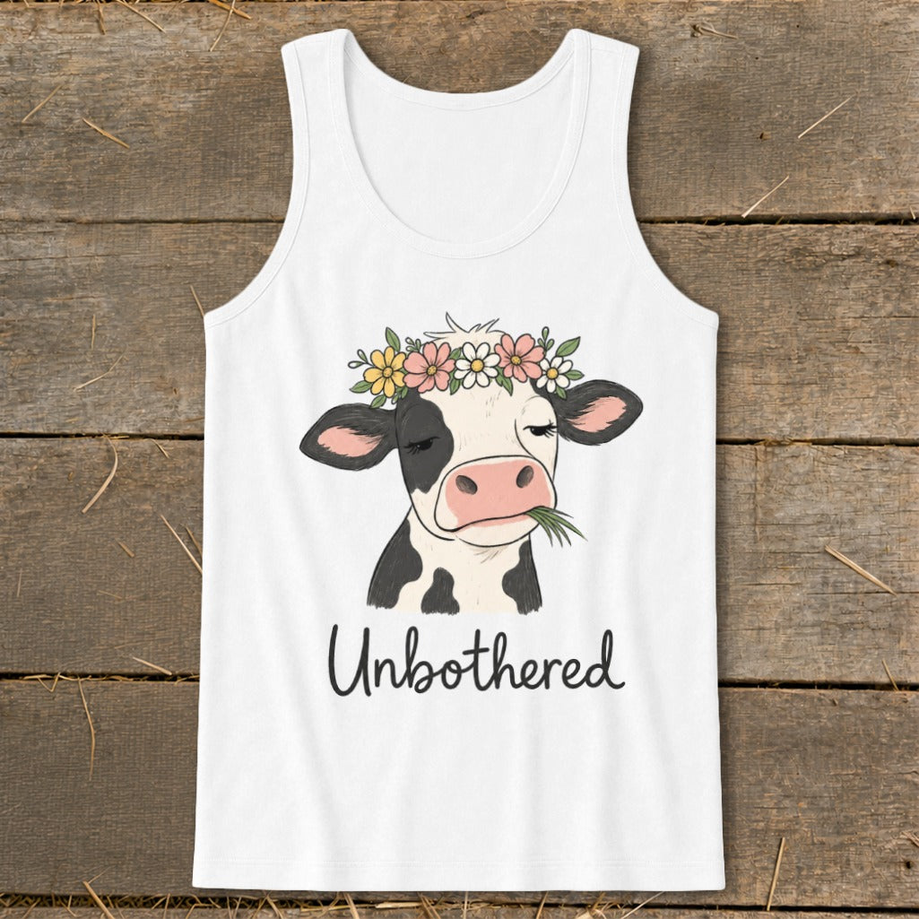 White tank top with a cow wearing a flower crown and eating grass, text "Unbothered."