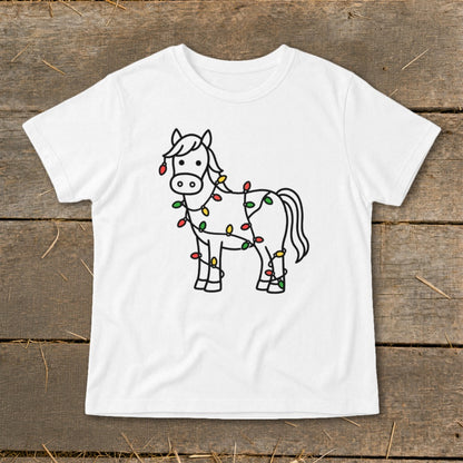 White t-shirt with a line drawing of a horse wrapped in colorful Christmas lights.