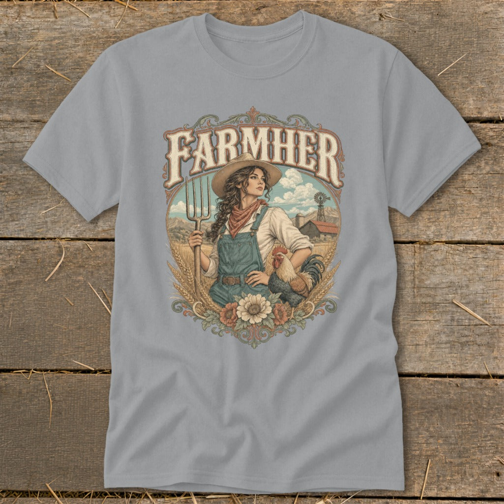 "FarmHER" graphic on a t-shirt with a woman holding a pitchfork and a rooster.