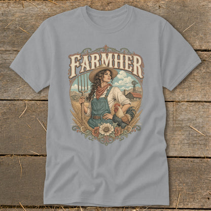 "FarmHER" graphic on a t-shirt with a woman holding a pitchfork and a rooster.