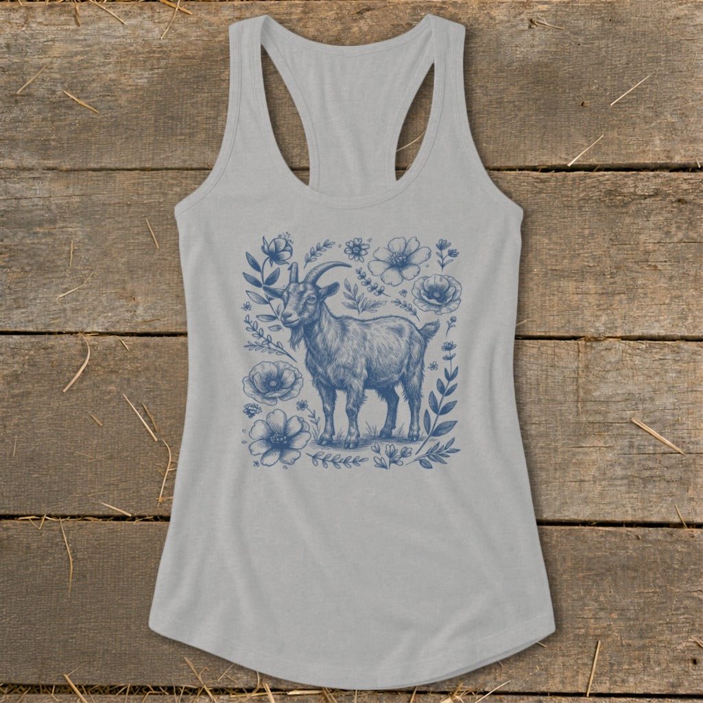 Grey tank top with blue goat and floral sketch design