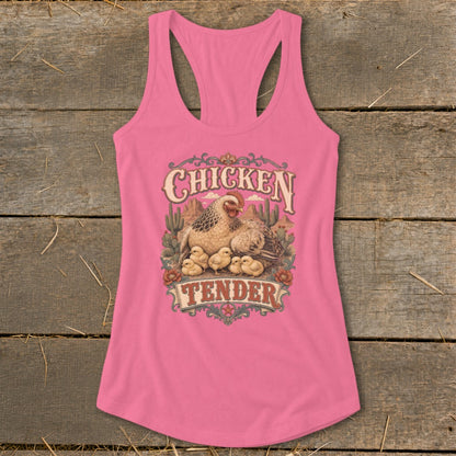 Pink tank top with "Chicken Tender" graphic featuring a hen and chicks in a desert landscape.