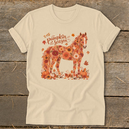Cream t-shirt with a horse adorned with flowers and pumpkins, and "Pumpkin season" text.