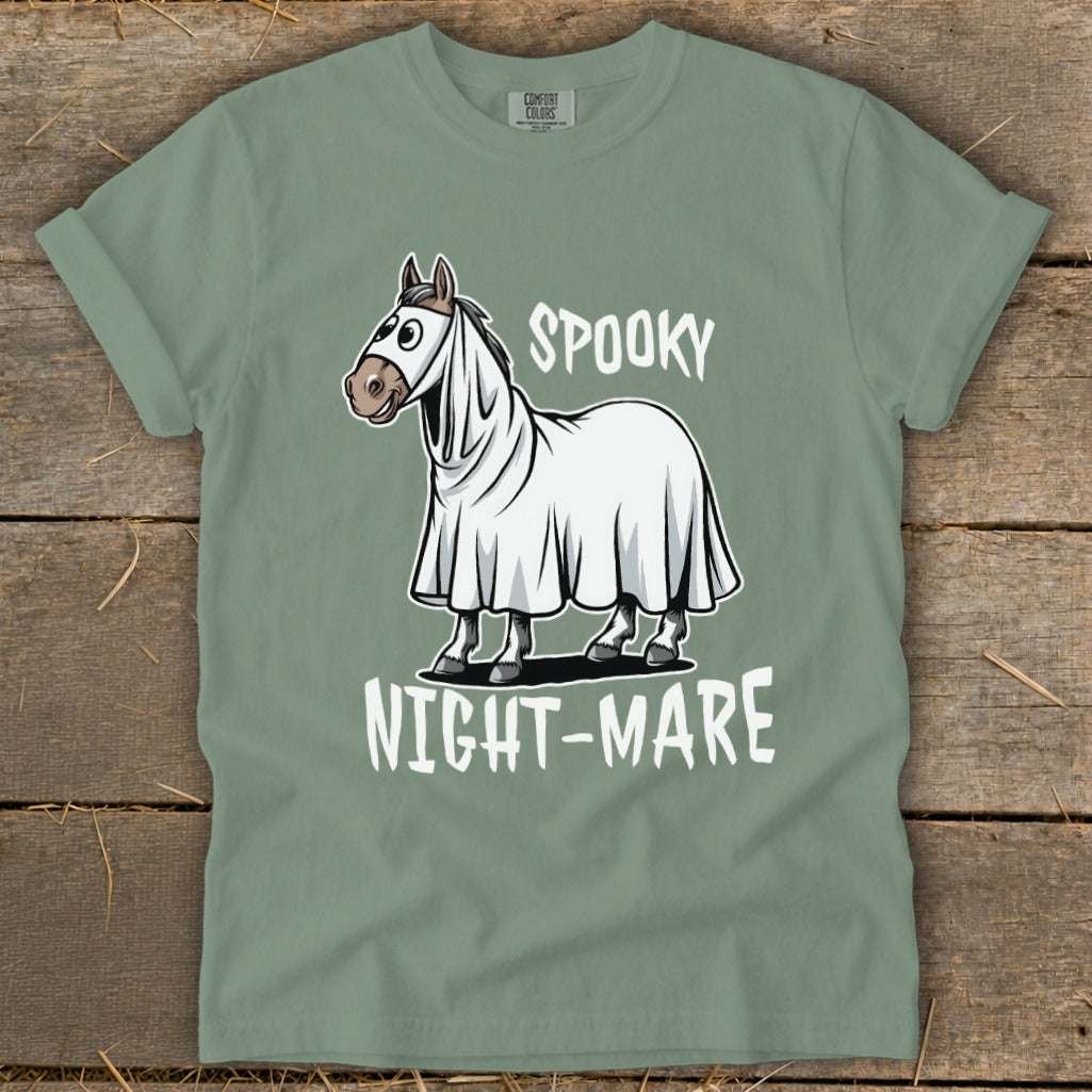 Horse wearing a ghost costume with text "Spooky Nightmare"