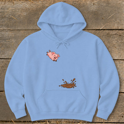 Light blue hoodie with a jumping pig and mud splash graphic.