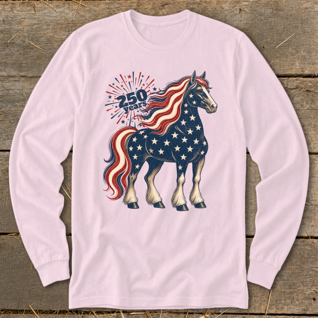American flag horse with "250 years" text and fireworks graphic.