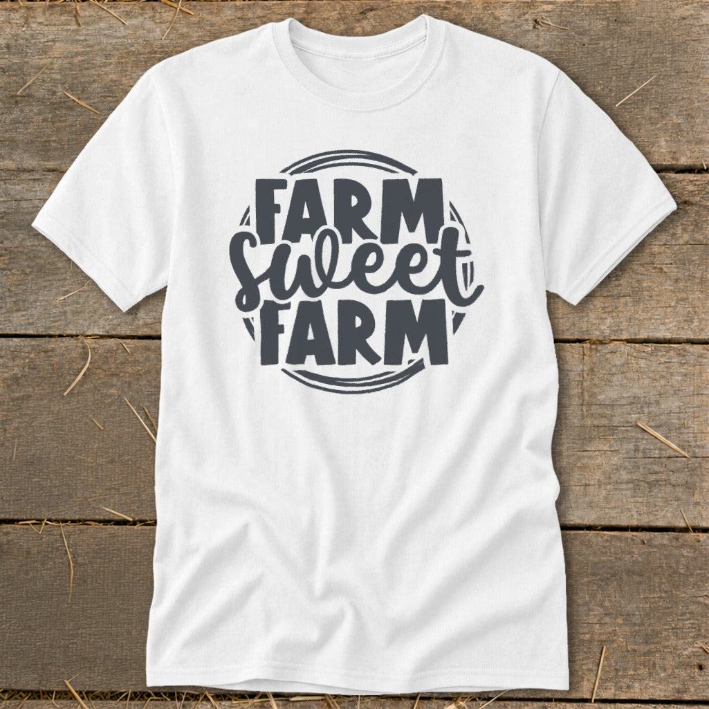 White t-shirt with "Farm Sweet Farm" text graphic in a circular design.