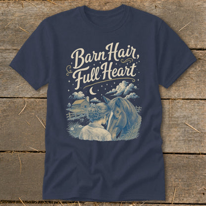 Navy t-shirt with "Barn Hair, Full Heart" and a drawing of a girl and horse.