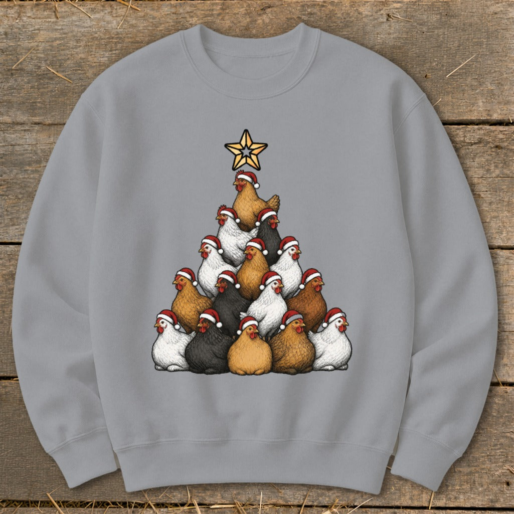 Christmas tree made of chickens wearing Santa hats with a star on top.