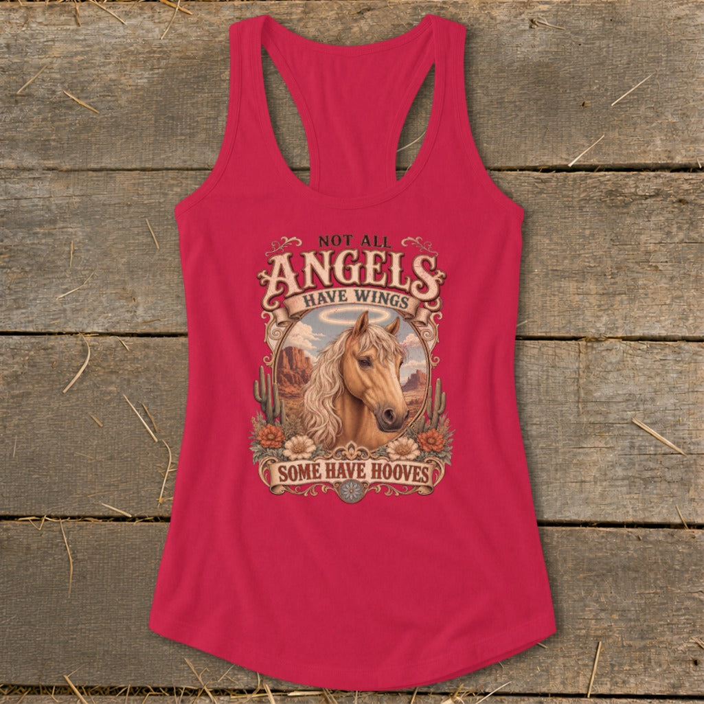 Pink tank top with horse graphic and text "Not all angels have wings, some have hooves."