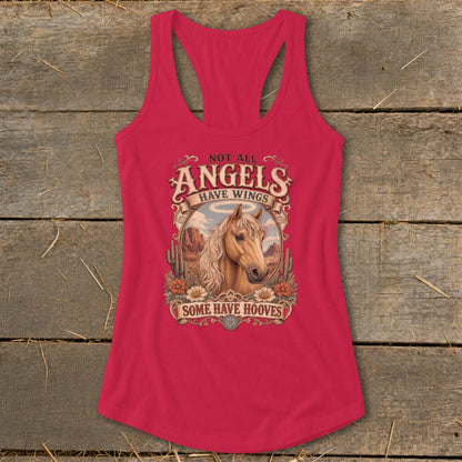 Pink tank top with horse graphic and text "Not all angels have wings, some have hooves."