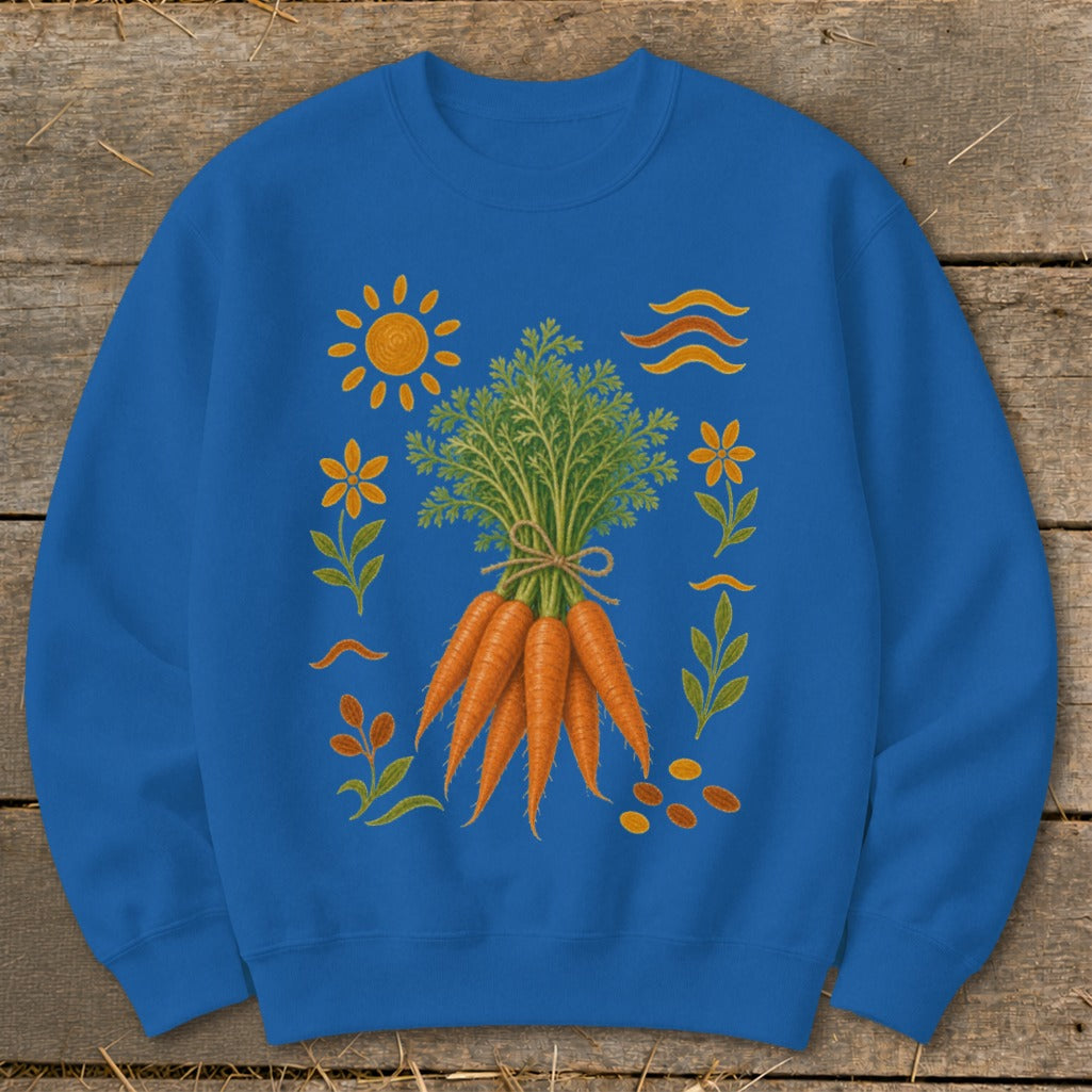 Blue sweatshirt with a graphic of a carrot bunch, sun, flowers, and wavy lines.