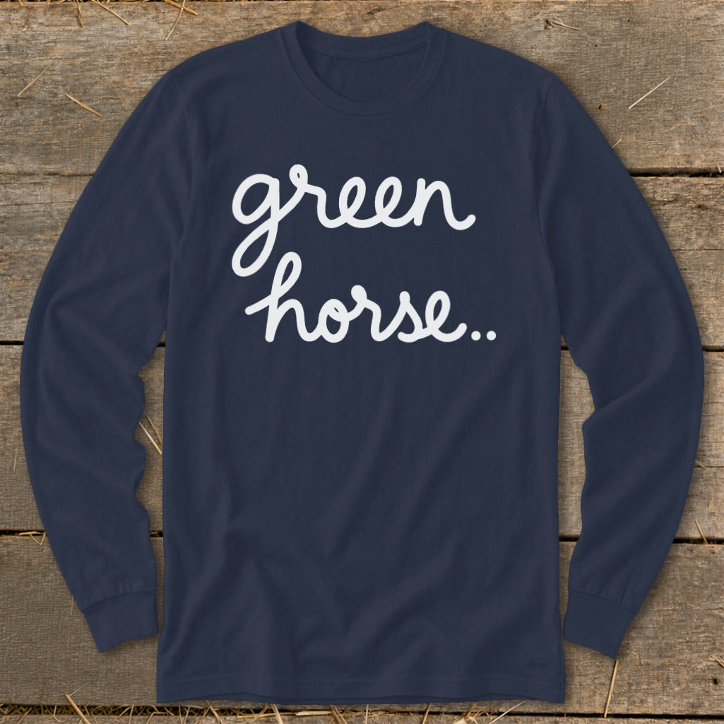 Navy long sleeve shirt with "green horse..." in white cursive text.