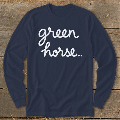 Navy long sleeve shirt with "green horse..." in white cursive text.