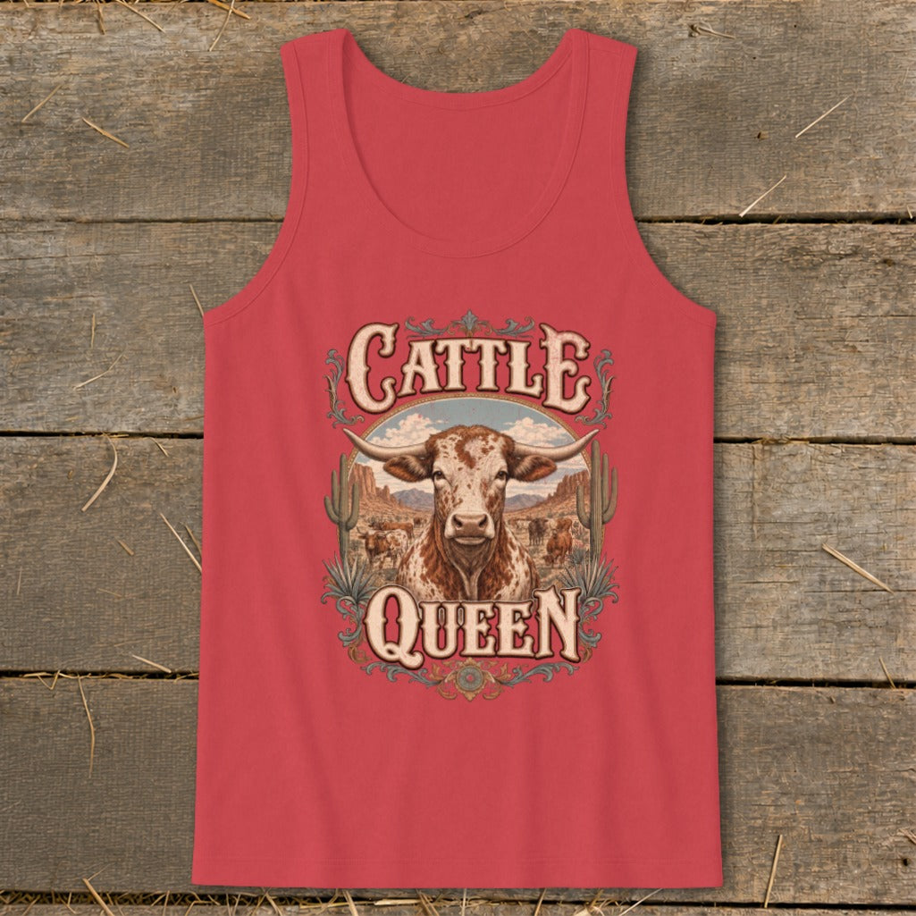 Red tank top with "Cattle Queen" text and a longhorn bull illustration.