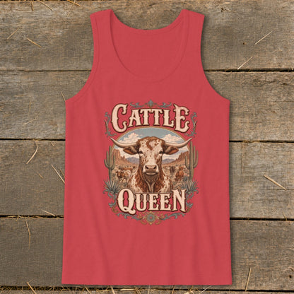 Red tank top with "Cattle Queen" text and a longhorn bull illustration.