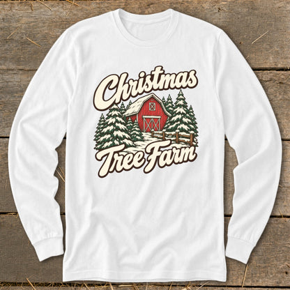 Christmas Tree Farm graphic with red barn and snow-covered pine trees.