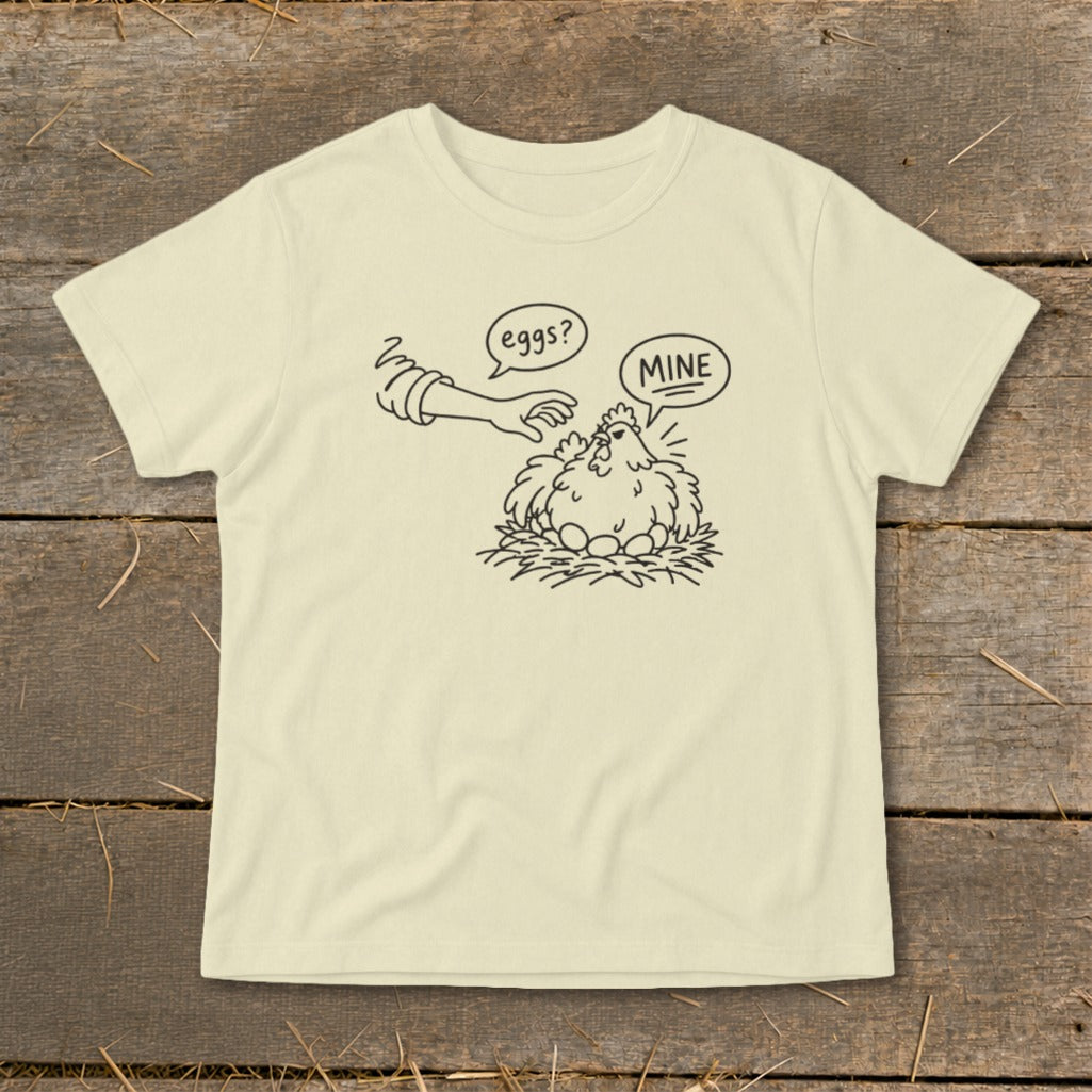 Line art of a hen sitting on eggs, with a hand reaching for them, saying "eggs?" and "MINE".