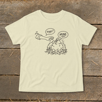 Line art of a hen sitting on eggs, with a hand reaching for them, saying "eggs?" and "MINE".