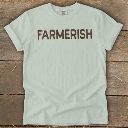 Light green t-shirt with brown "FARMERISH" text and Comfort Colors tag.