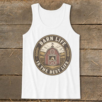 White tank top with a circular graphic featuring a red barn and a horse.