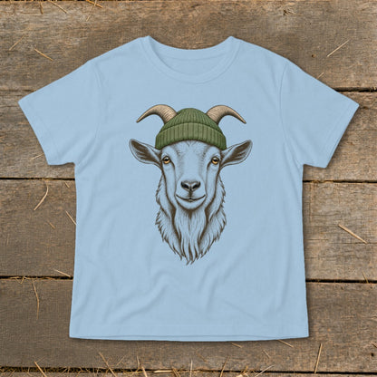 Light blue t-shirt featuring a goat head wearing a green beanie.
