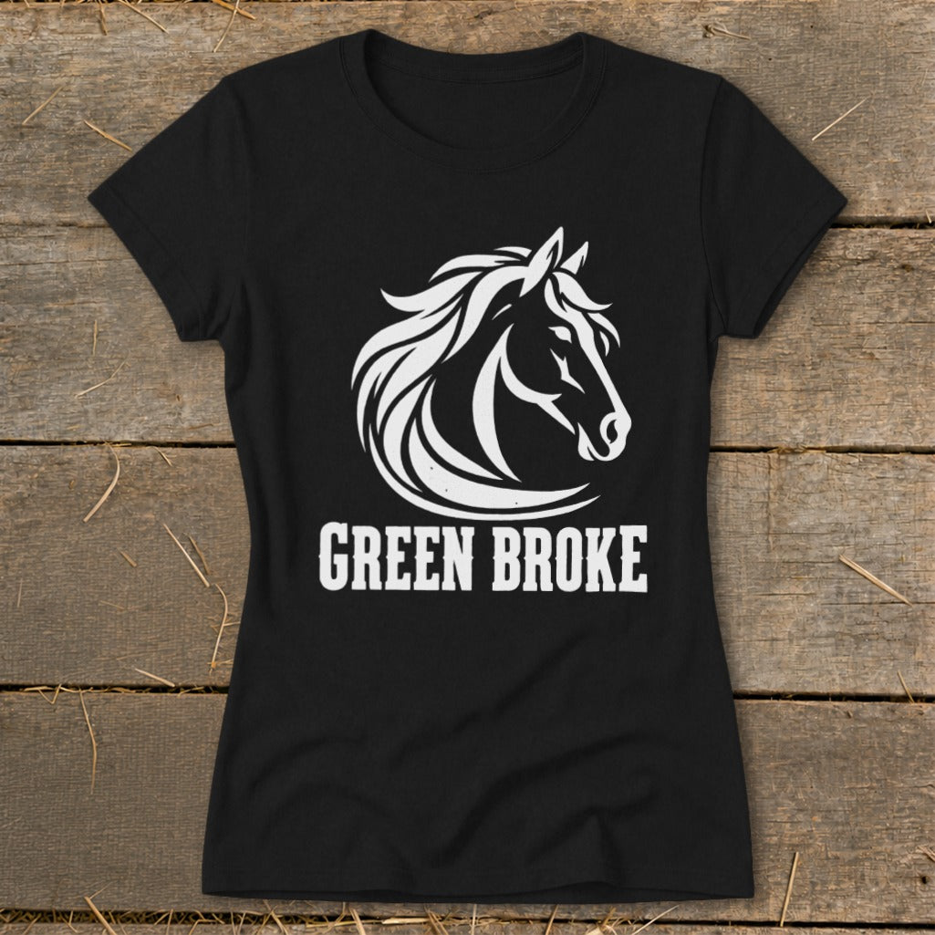 Black women’s t-shirt featuring a white graphic of a horse head and the text GREEN BROKE.