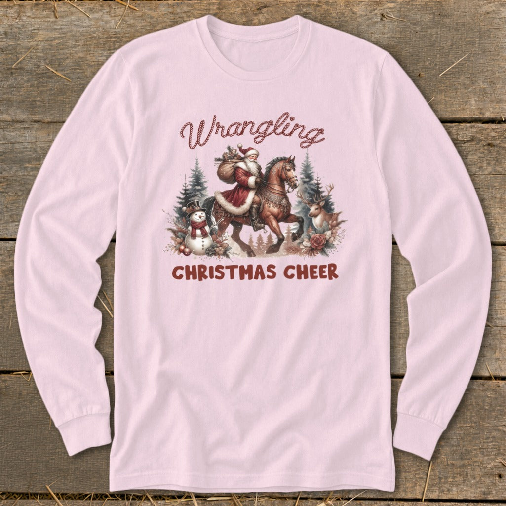 Santa riding a horse with a snowman and reindeer, "Wrangling Christmas Cheer" text.