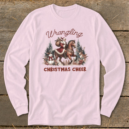 Santa riding a horse with a snowman and reindeer, "Wrangling Christmas Cheer" text.