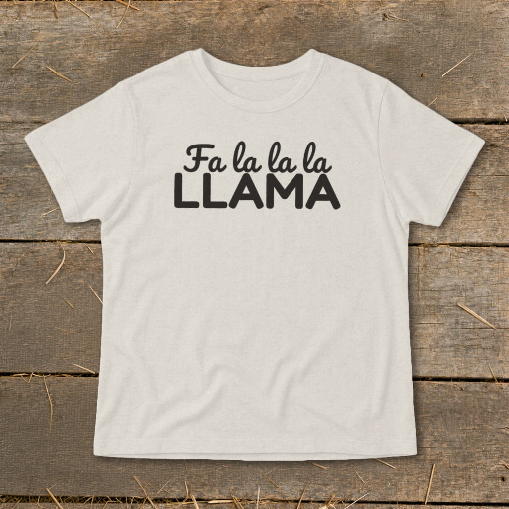 Light-colored t-shirt with black text reading "Fa la la la LLAMA".
