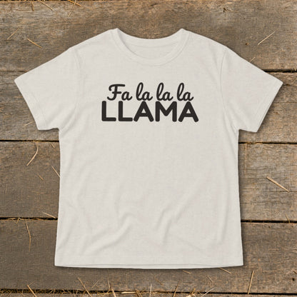 Light-colored t-shirt with black text reading "Fa la la la LLAMA".