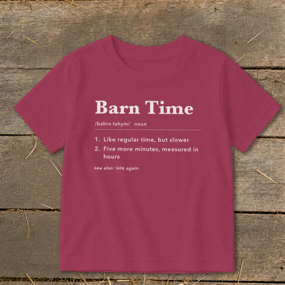 Maroon t-shirt with "Barn Time" definition in white text.