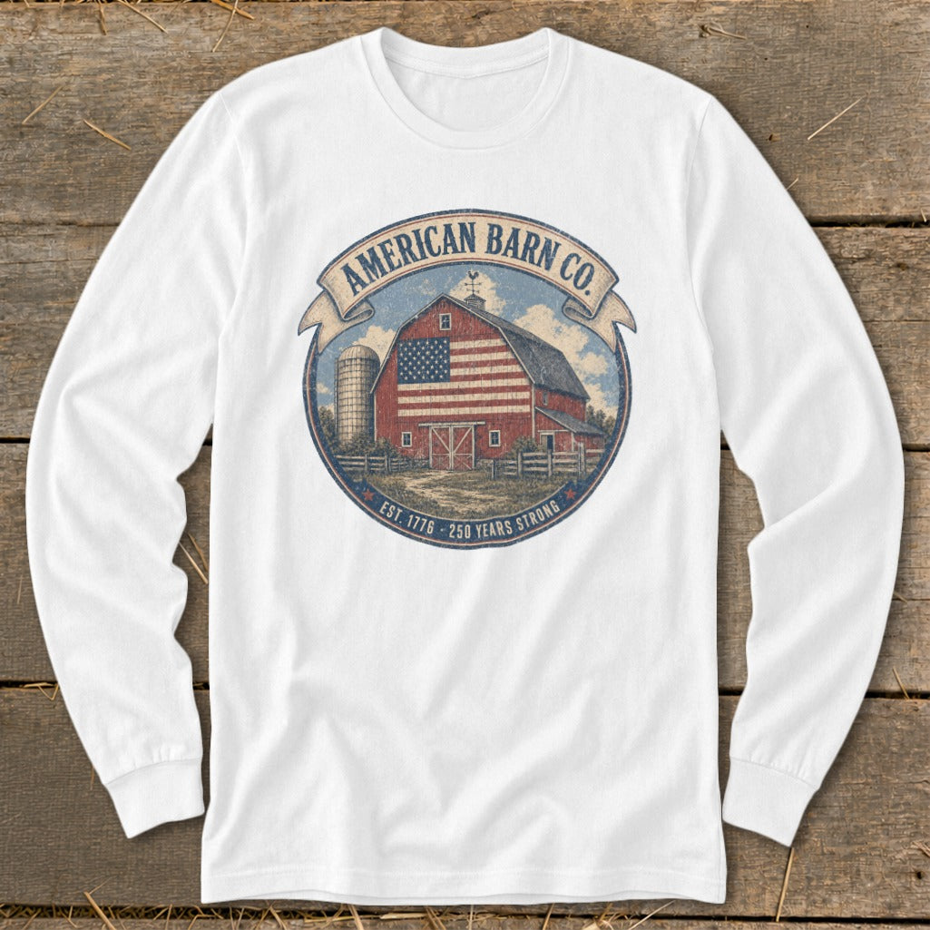 White long-sleeve shirt with "American Barn Co." and a barn with American flag graphic.
