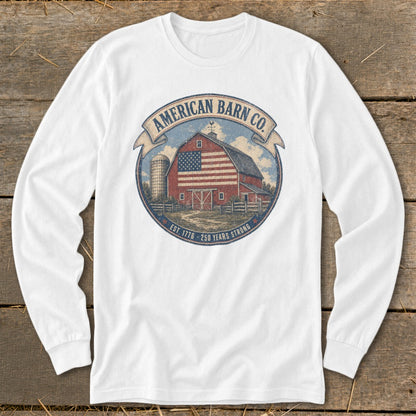 White long-sleeve shirt with "American Barn Co." and a barn with American flag graphic.