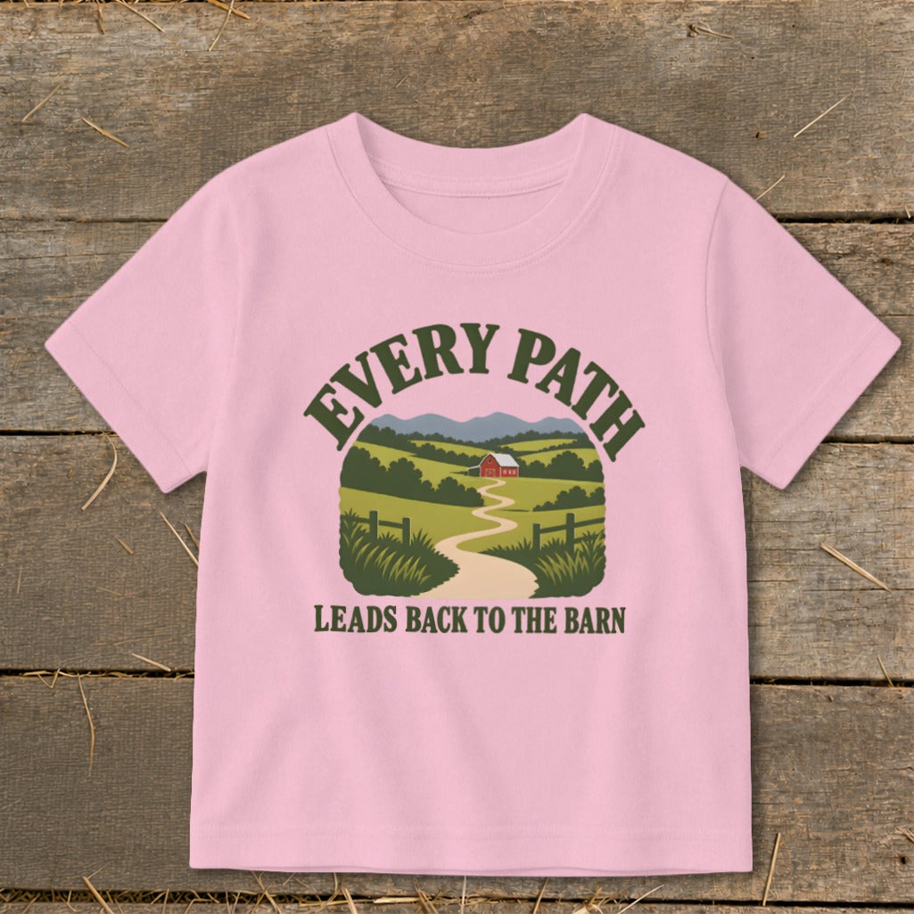 Pink t-shirt with "Every Path Leads Back to the Barn" graphic.