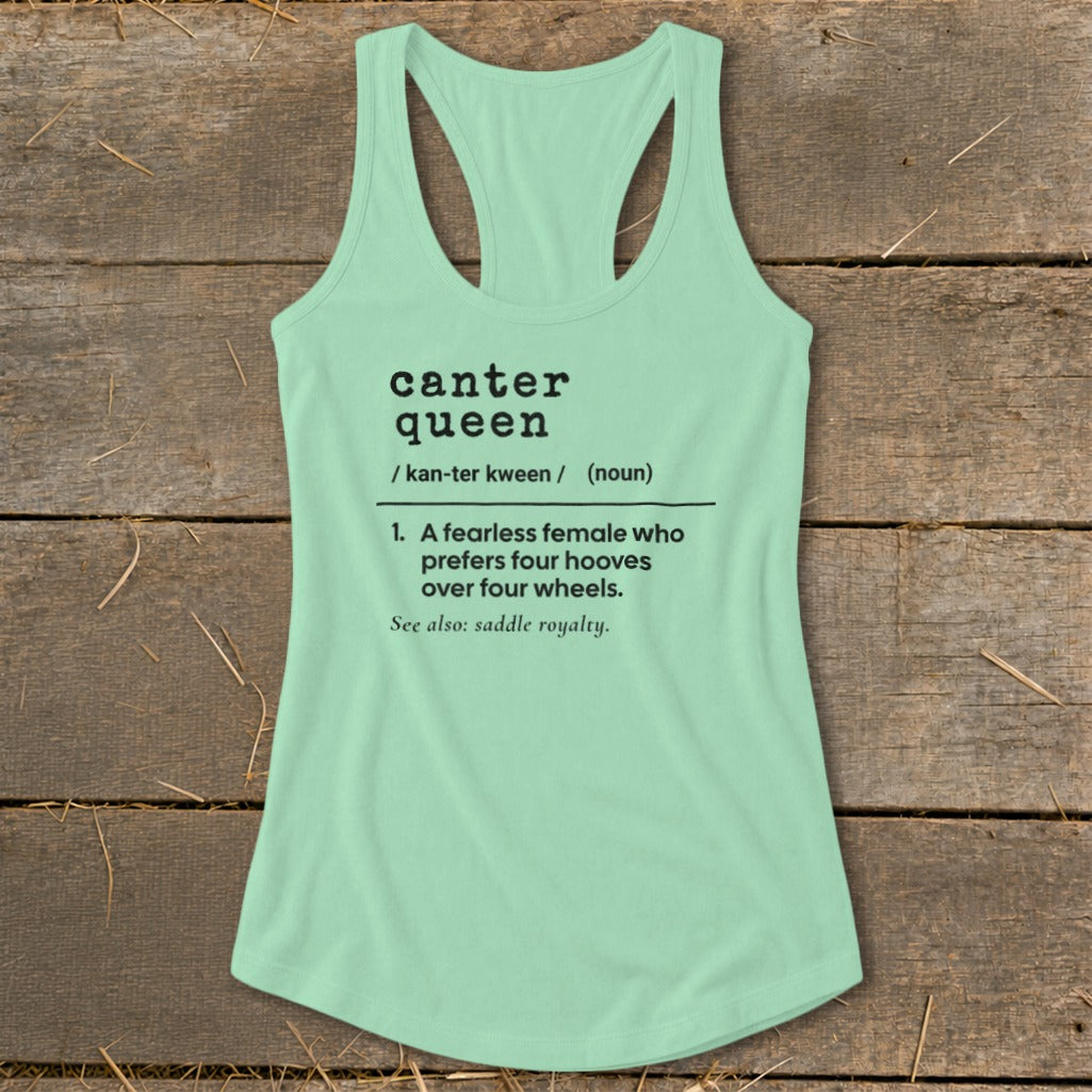 Mint green tank top with "canter queen" definition and saddle royalty reference.