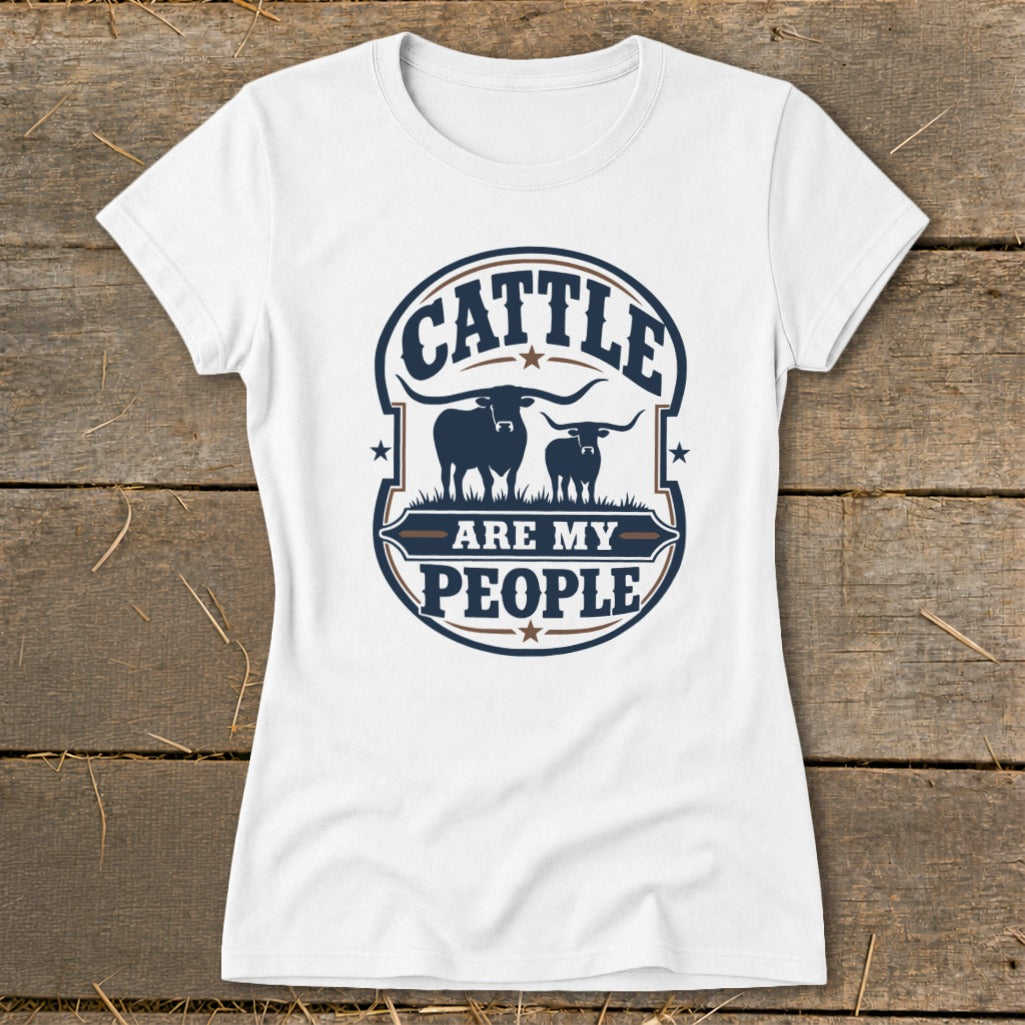 White t-shirt with a circular graphic of cattle and the text "Cattle Are My People".