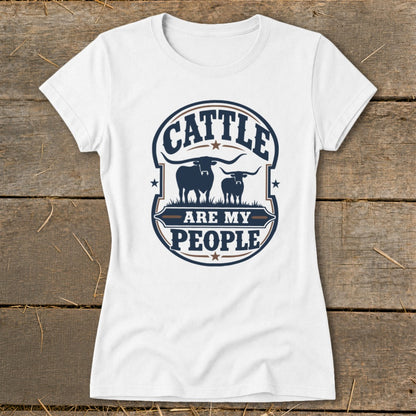 White t-shirt with a circular graphic of cattle and the text "Cattle Are My People".