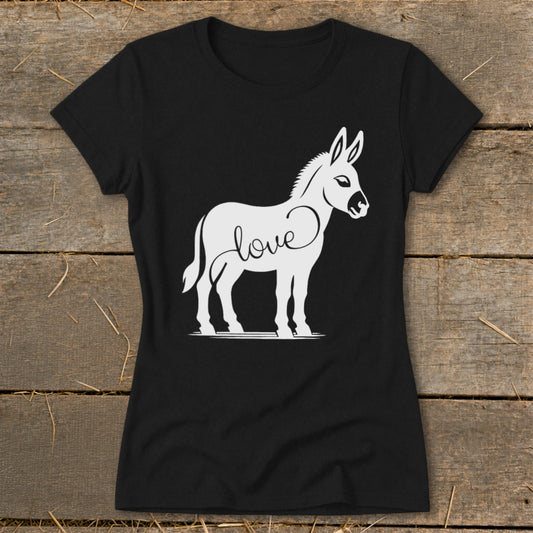 Black t-shirt with a white graphic of a donkey with the word "love" inscribed.