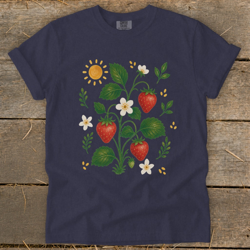 Navy t-shirt with a strawberry plant illustration, sun, and small yellow dots.