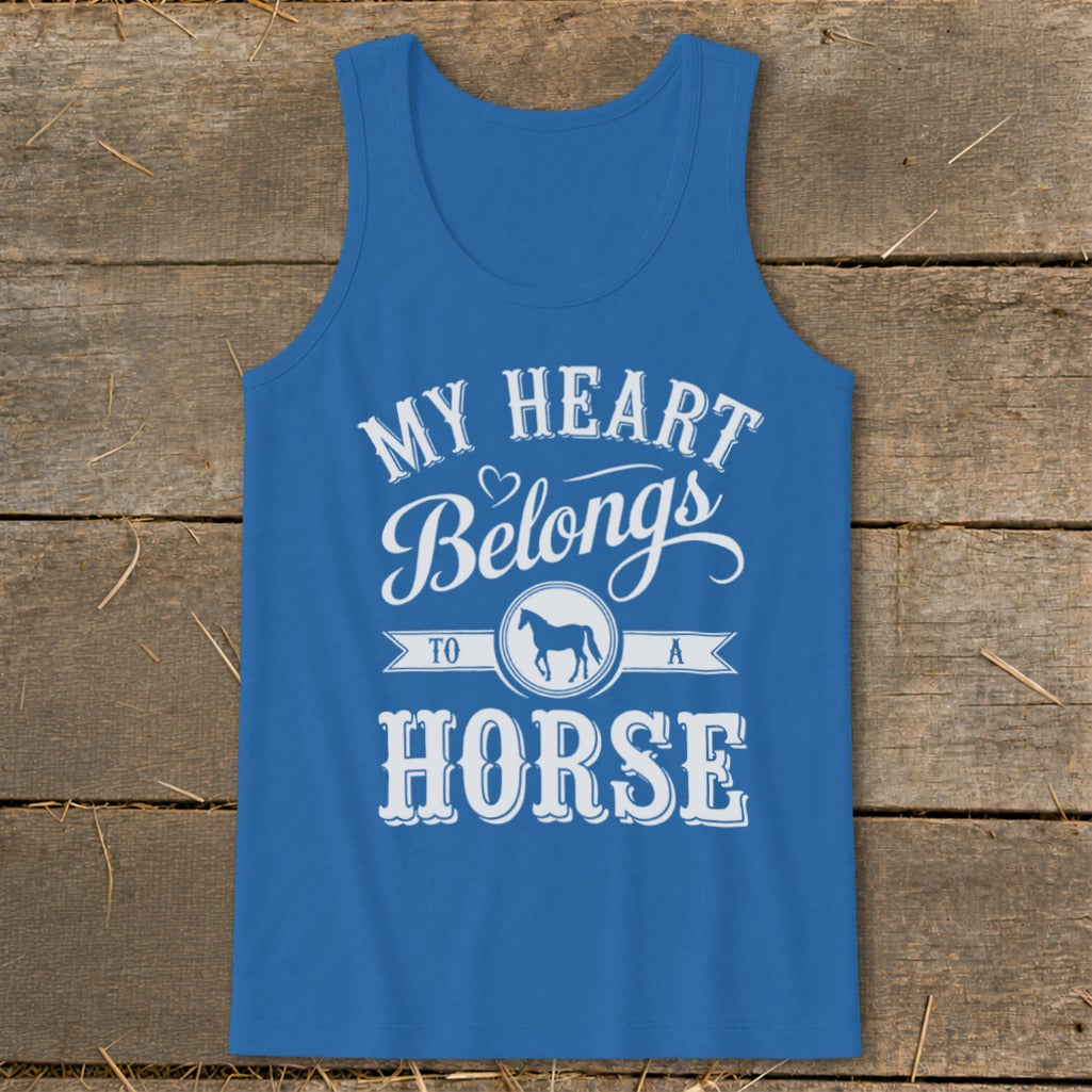 Blue tank top with white text and horse silhouette reading "My Heart Belongs To A Horse".