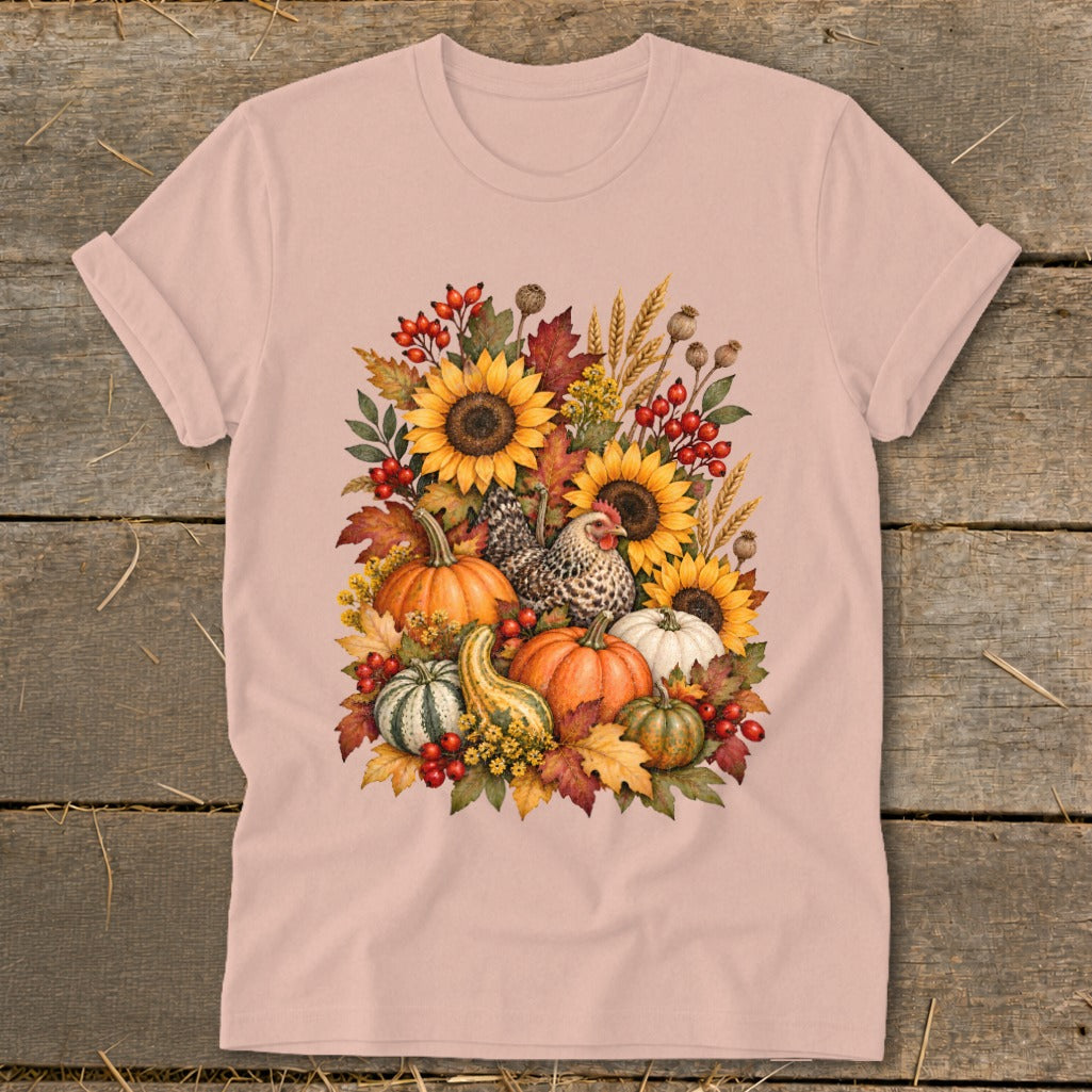 Pink t-shirt with a watercolor design of sunflowers, chickens, pumpkins, and autumn leaves.