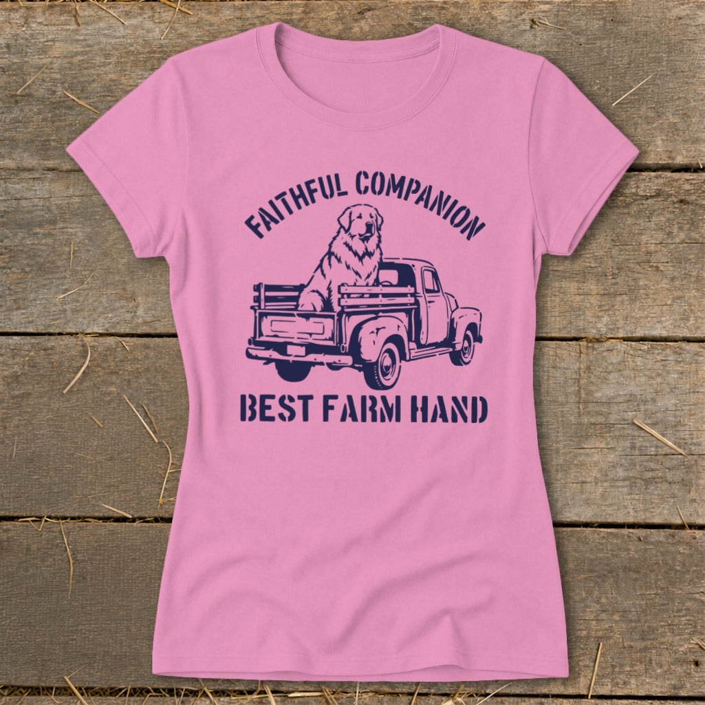 Pink t-shirt with graphic of a dog in a truck, "Faithful Companion" and "Best Farm Hand".