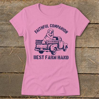 Pink t-shirt with graphic of a dog in a truck, "Faithful Companion" and "Best Farm Hand".