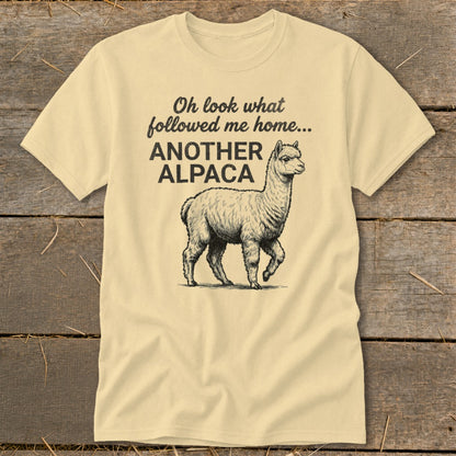 Light yellow t-shirt with text "Oh look what followed me home... ANOTHER ALPACA" and an alpaca drawing.