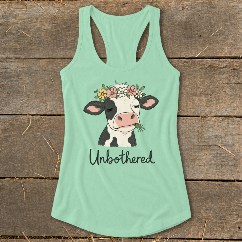 Mint green tank top with a cow wearing a flower crown and text "Unbothered".