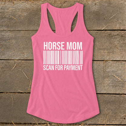 Pink tank top with "HORSE MOM SCAN FOR PAYMENT" text and barcode graphic.