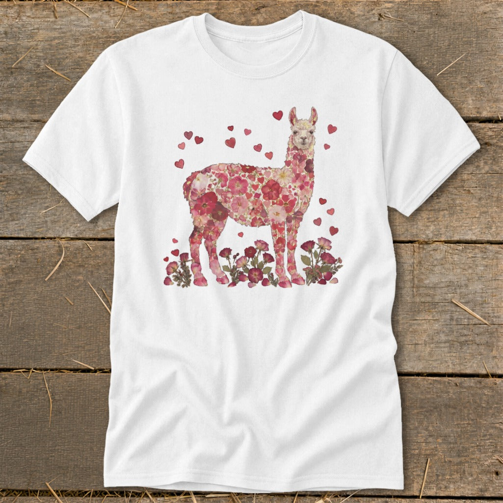 White t-shirt with a llama design made of pink and red flowers and hearts.